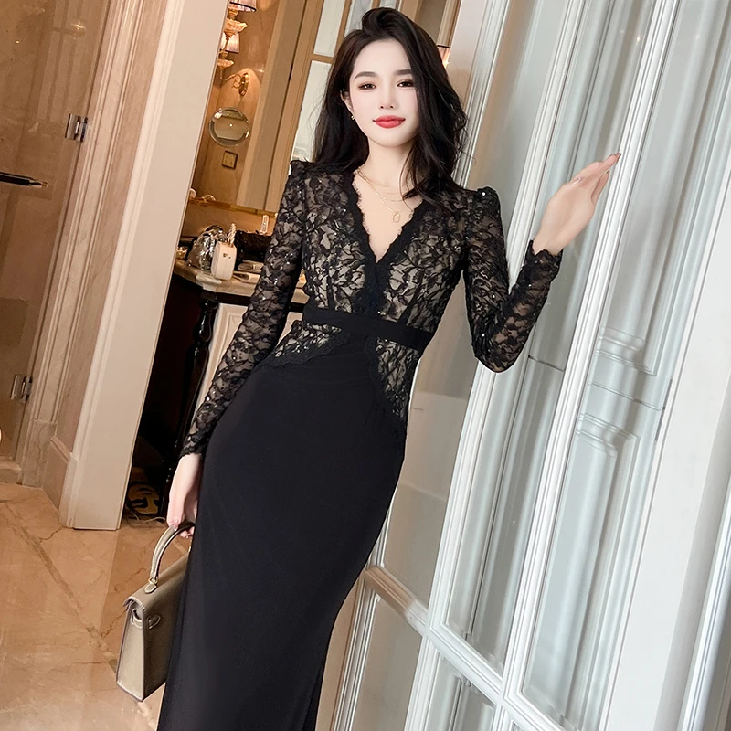 【luogui专属】20698气质蕾丝性感修身时尚收腰长袖拼接连衣裙