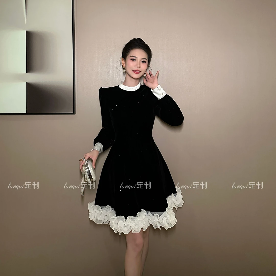 【花花原创】花边拼接小黑裙法式气质泡泡袖显瘦复古收腰连衣裙9992