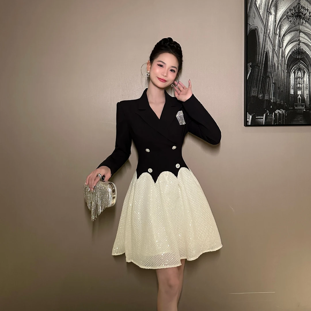 【花花原创】显瘦气质轻奢法式名媛时尚赫本风优雅拼接连衣裙51152