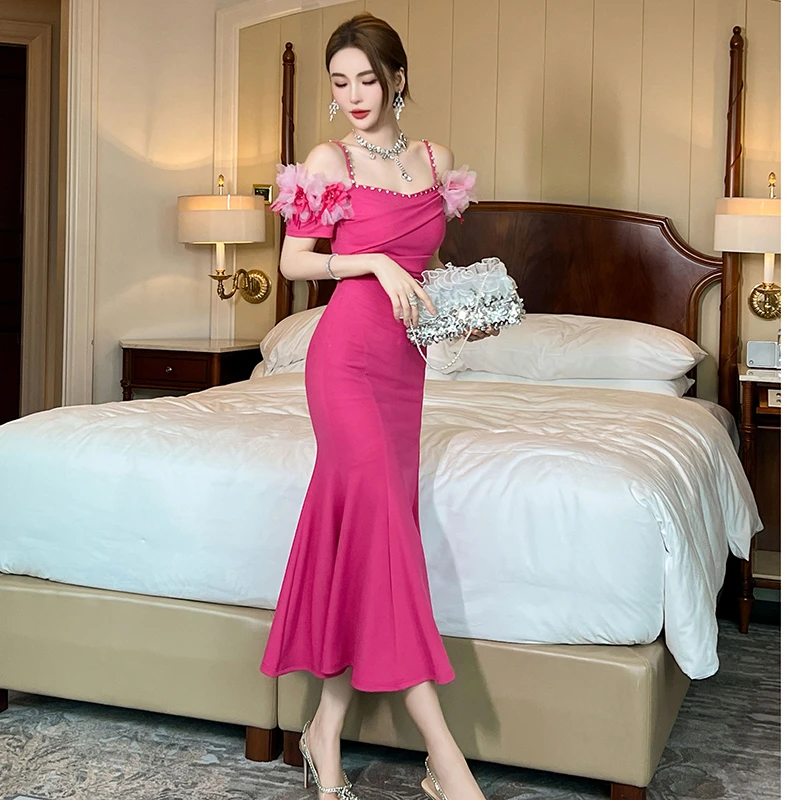 50891 高腰时尚晚礼服包臀宴会显瘦气质性感开叉连衣裙莫奈花园风