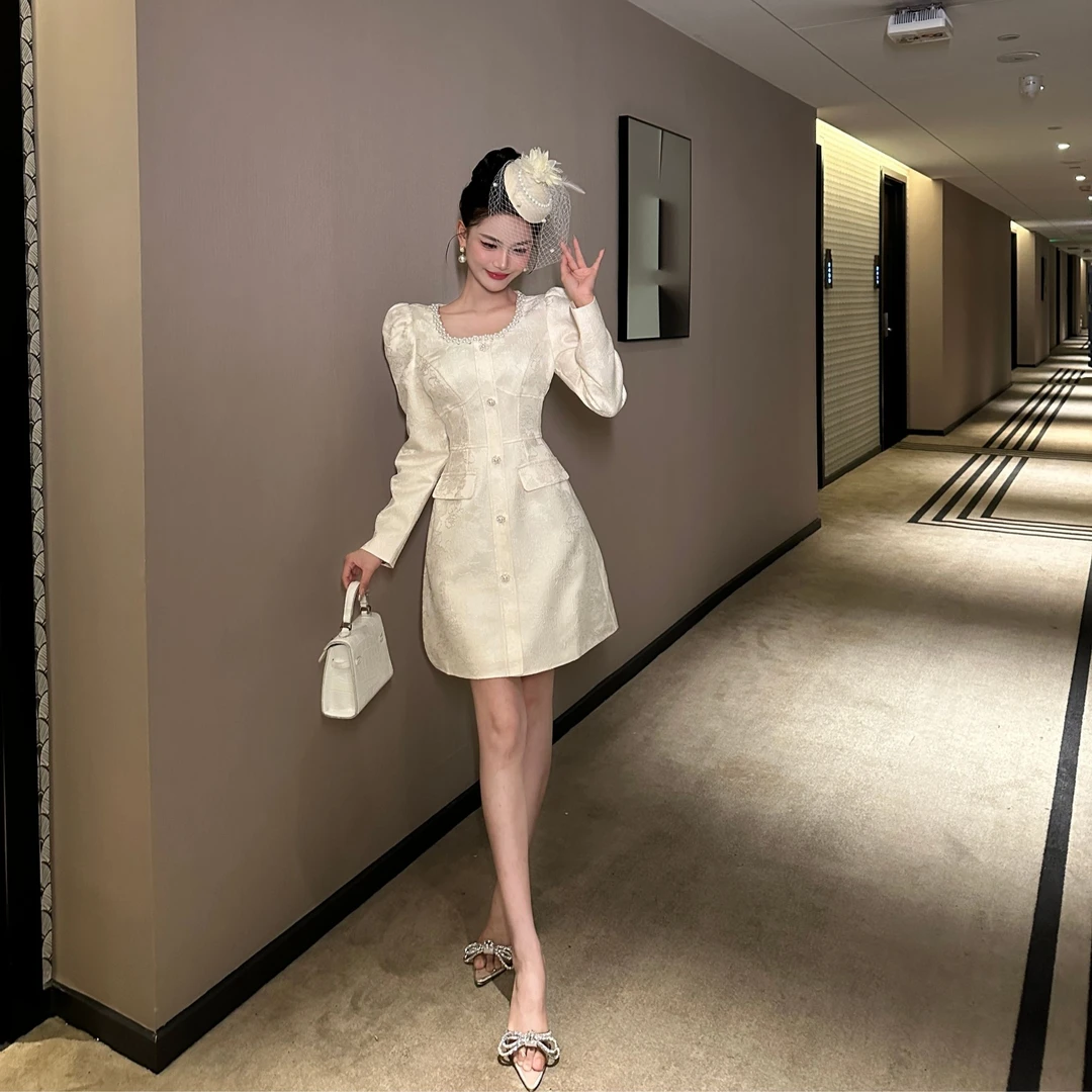 【花花原创】时尚优雅小香风连衣裙轻奢提花气质高贵显瘦法式9827