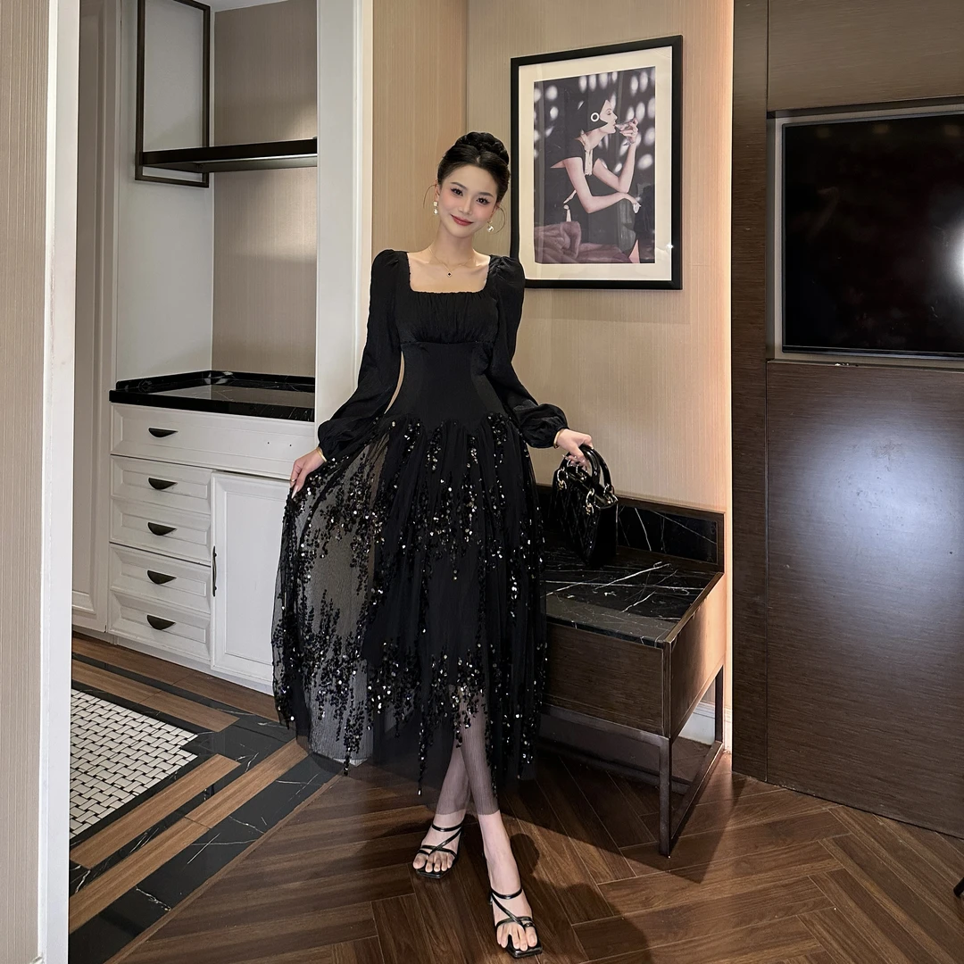 【花花原创】法式轻奢优雅长裙气质仙气宴会主持人亮片连衣裙9900