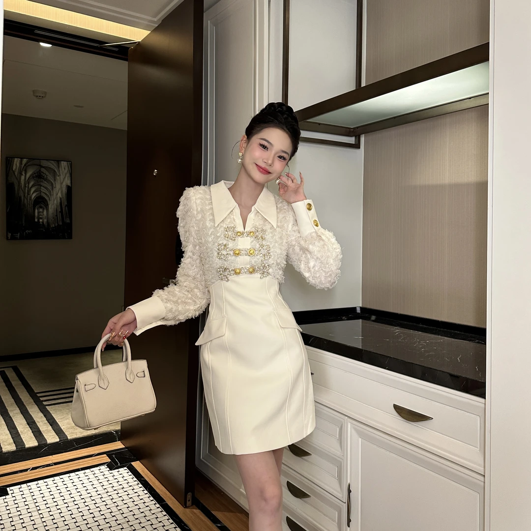 【花花原创】时尚泡泡袖拼接连衣裙 小香风显瘦气质名媛设计感51105