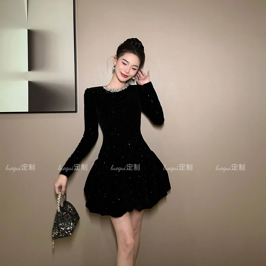 【花花原创】洋气轻奢拼接韩版连衣裙显瘦气质名媛时尚小黑裙15342