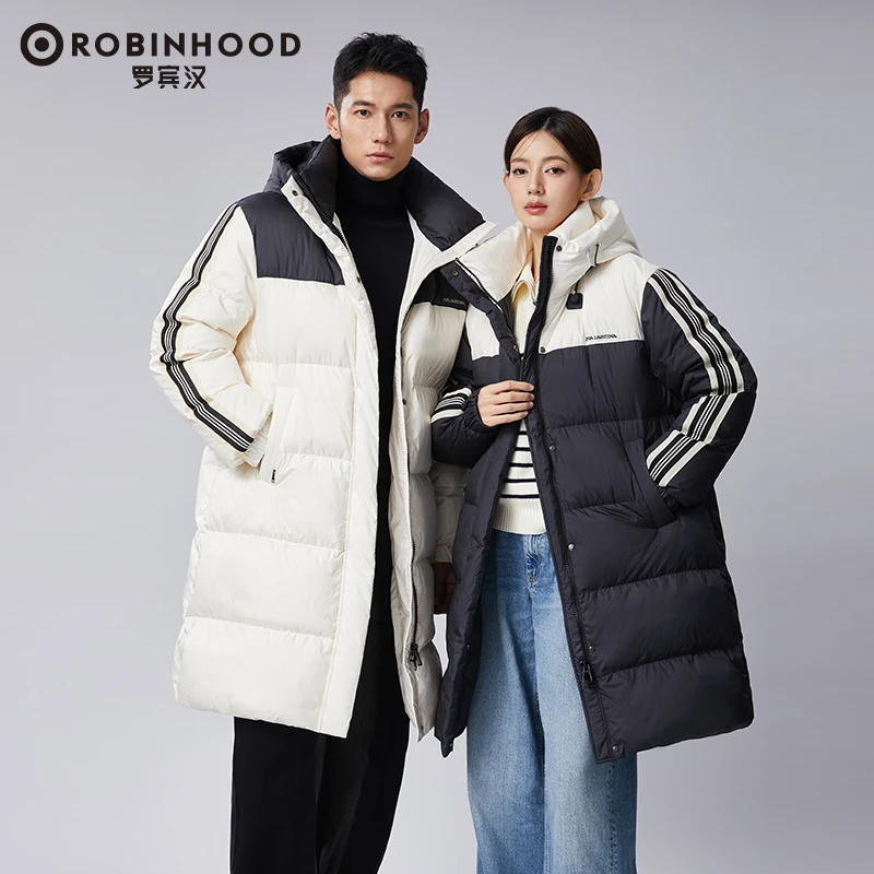 罗宾汉黑钻连帽运动加厚羽绒服中长款白鸭绒撞色羽绒服长款羽绒服