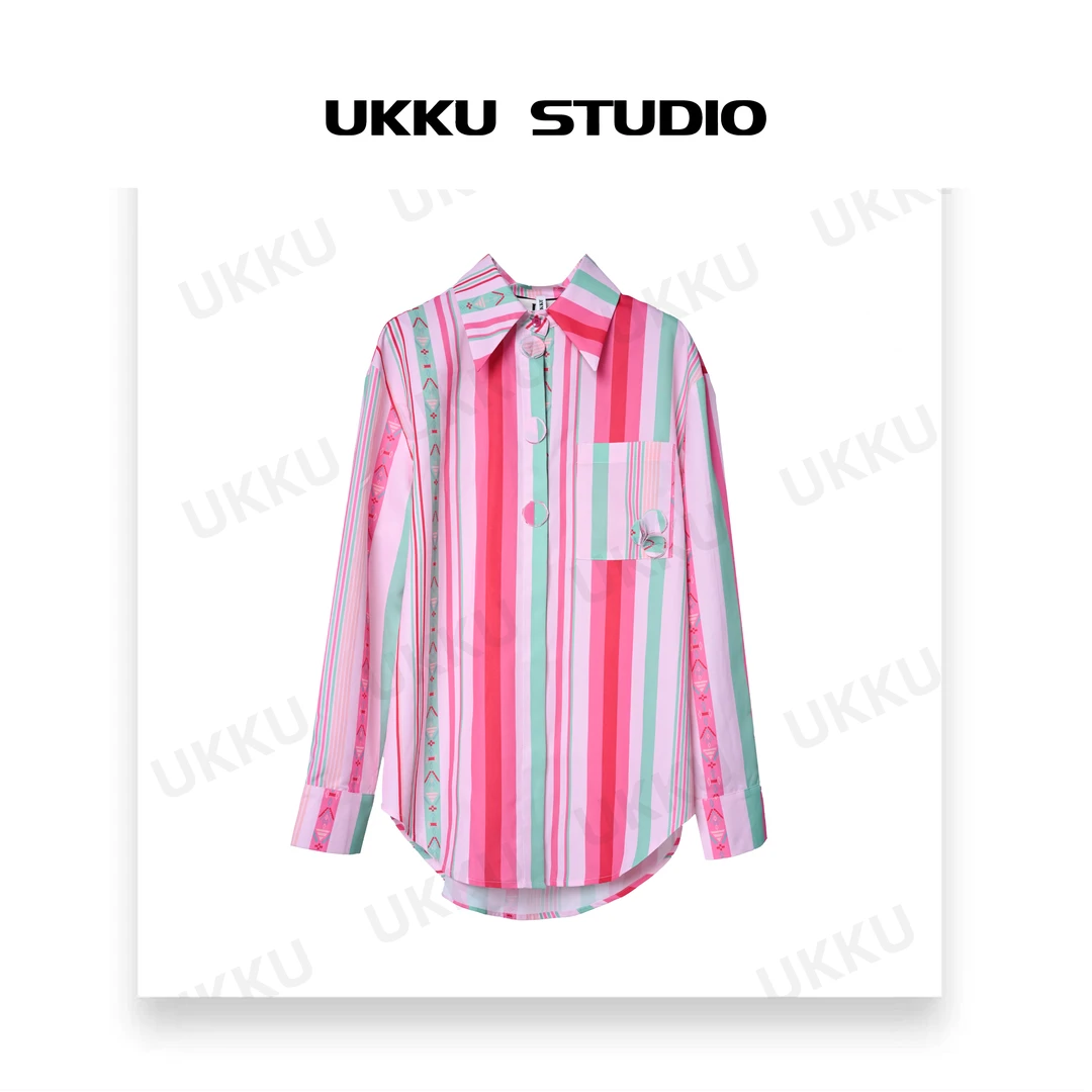 LILI【UKKUSTUDIO】小众设计感粉色条纹袖衬衫轻奢潮上衣311769