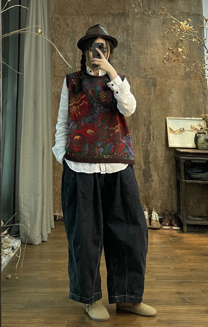 昔屿羊仔毛文艺复古撞色提花柔软马甲(胸围117衣长60)