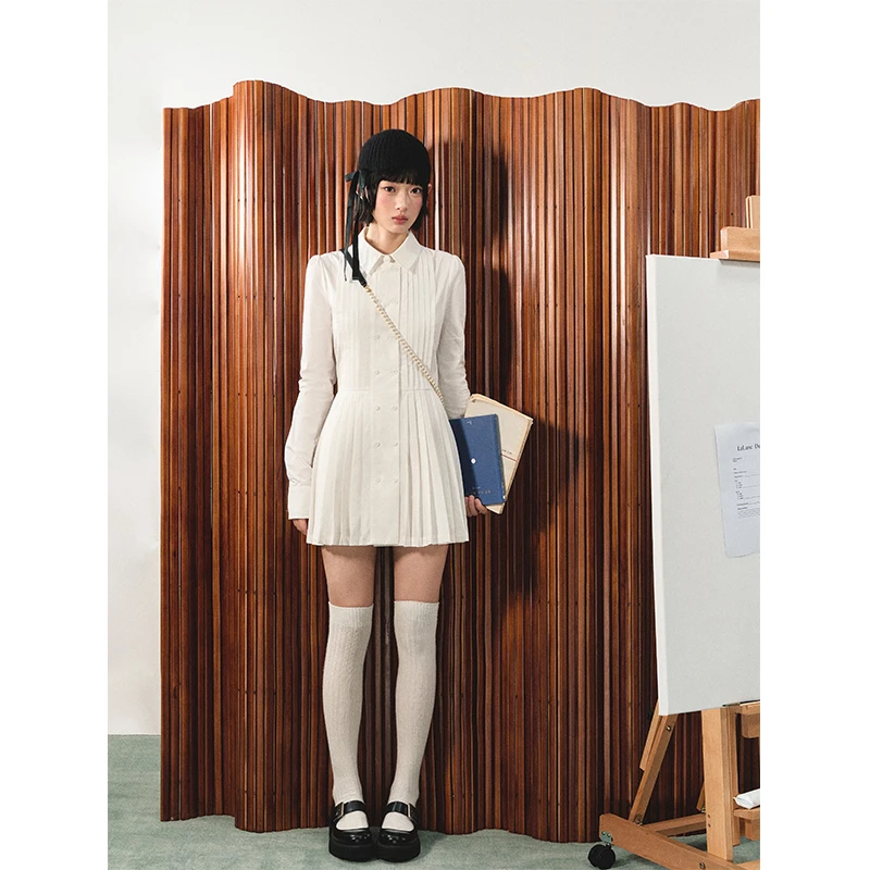 【LaluneDuCiel】LLDC 20号晚18点 纯棉白色双排扣长袖连衣裙女秋