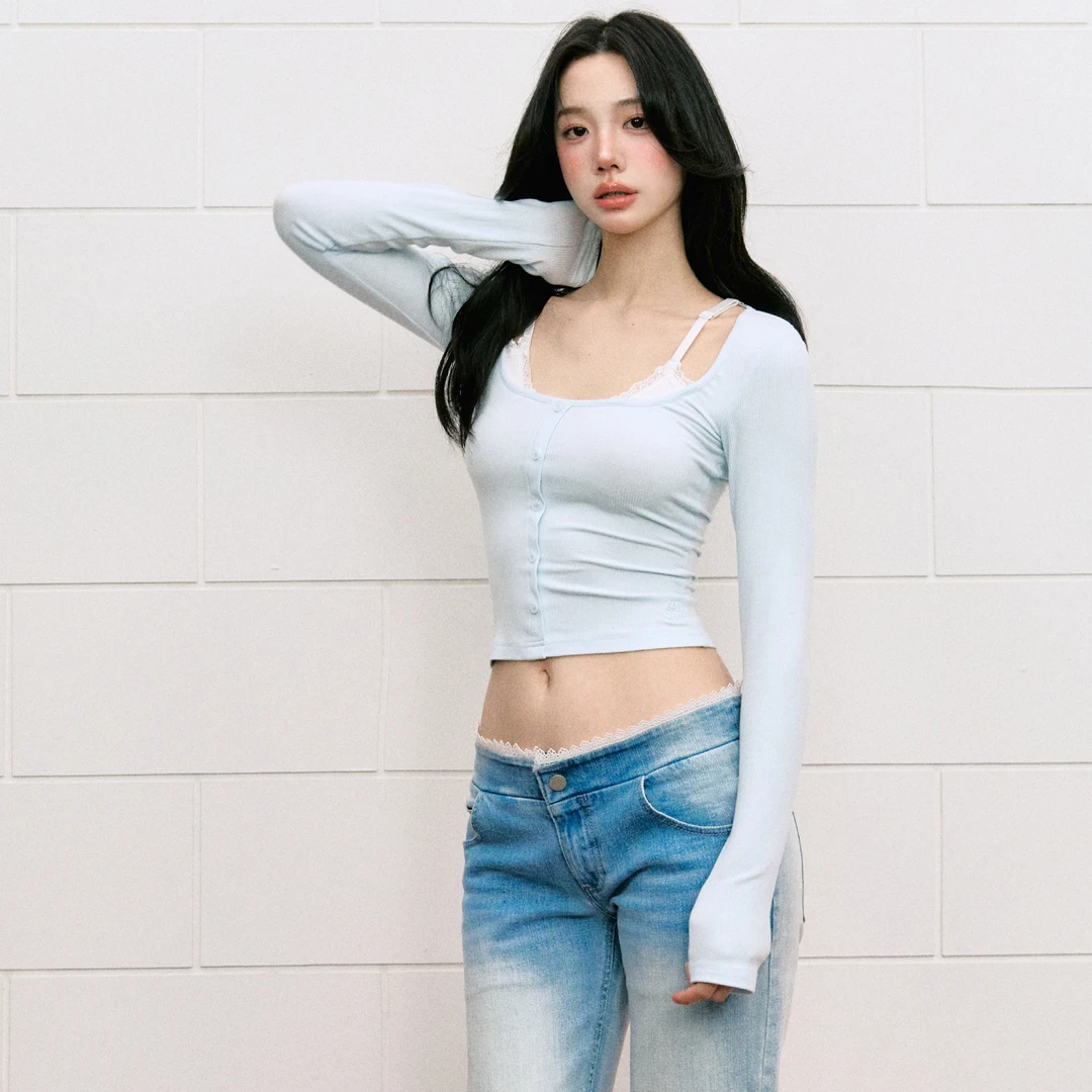 【LaluneDuCiel】LLDC蕾丝拼接单排扣假两件打底衫LSDS0019