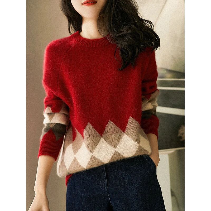 YS#圆领红色毛衣长袖内搭冬季时尚洋气保暖套头女士上衣女DY1278