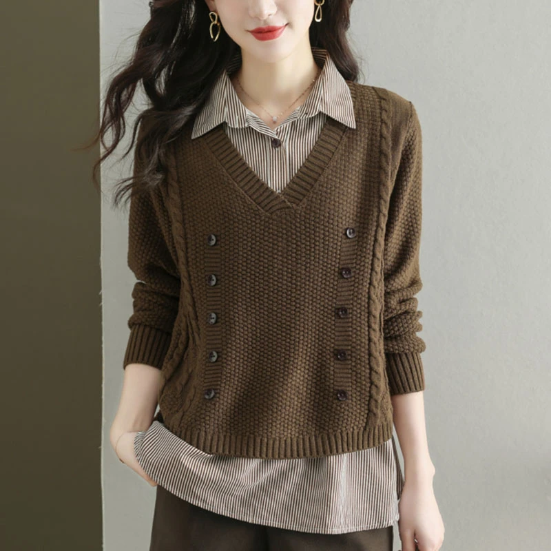 YS#假两件套毛衣针织上衣女装新款时尚减龄领打底衫DY2197