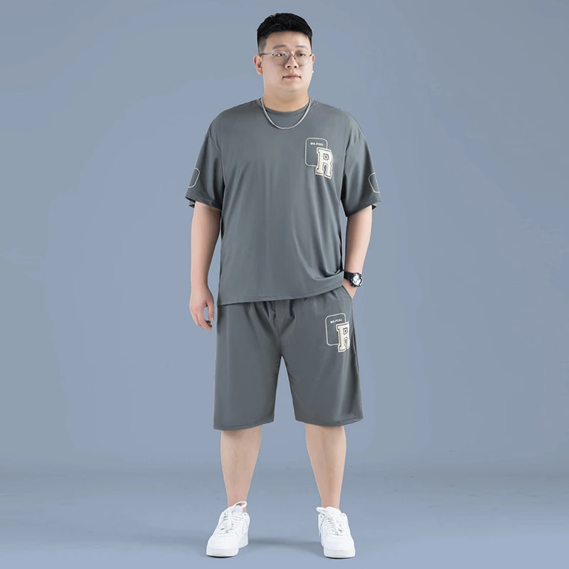 大码冰丝套装男士宽松透气弹力上衣休闲简约圆领短袖运动薄款胖哥