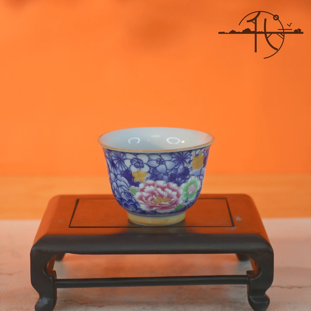 百花引蝶碗形茶杯花纹功夫茶具陶瓷品茗杯A8343