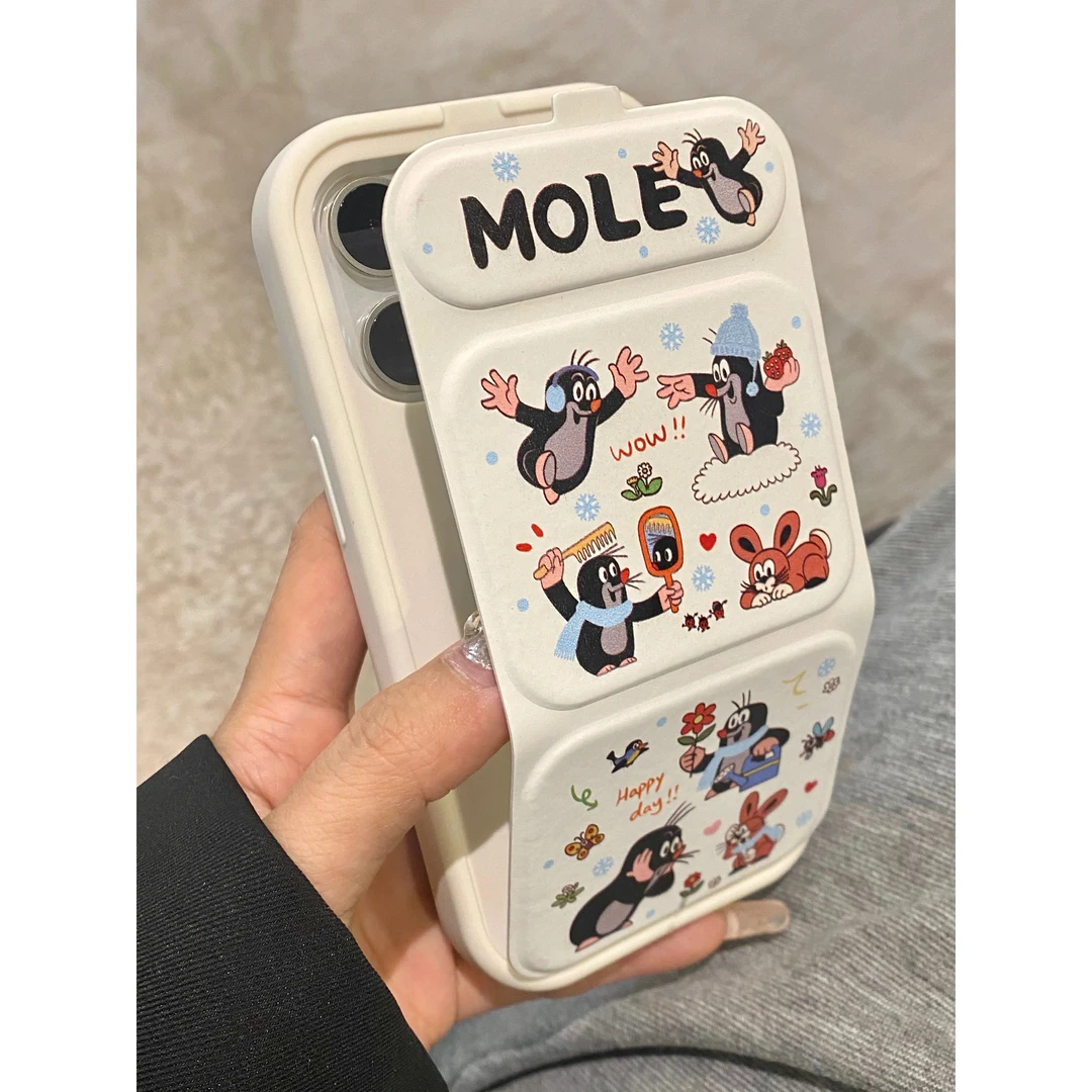 适用【苹果15/华为mate60pro】折叠支架可爱鼹鼠手机壳软创意全包