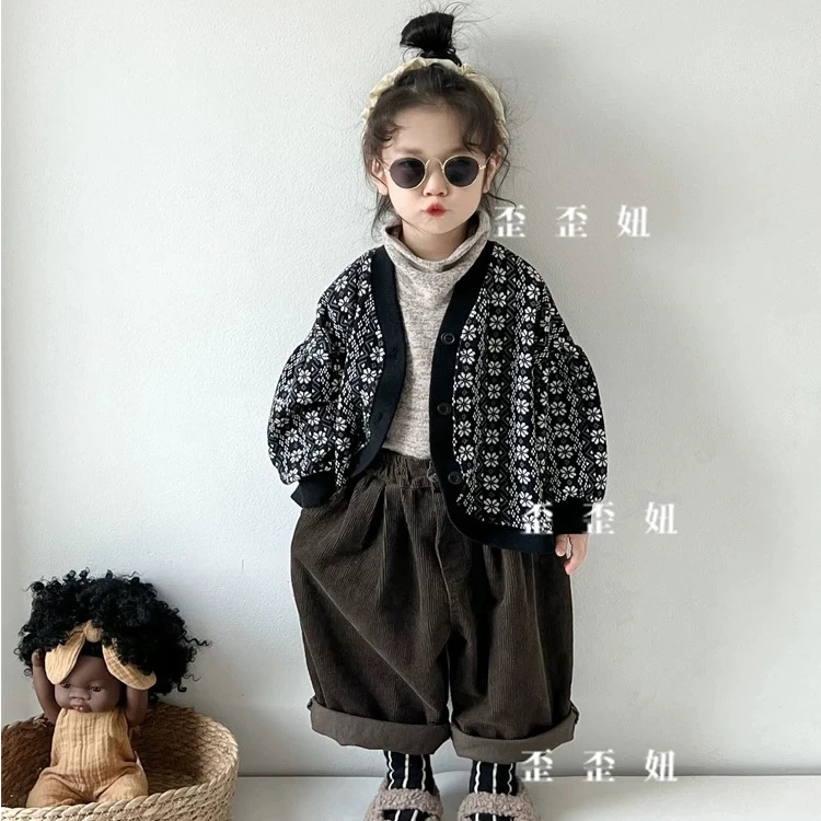 【秋上新】韩系儿童复古森系碎花针织开衫2024春秋季男女童毛衣外套