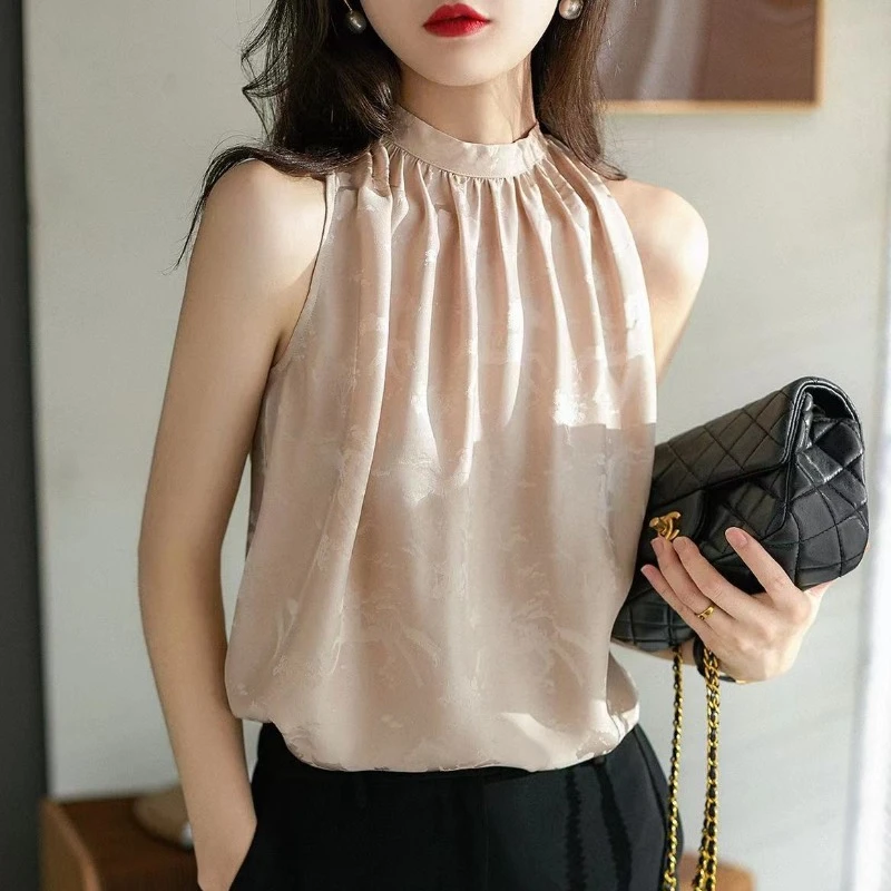 挂脖吊带背心上衣女夏季2023新款高级感醋酸高端无袖法式衬衫薄