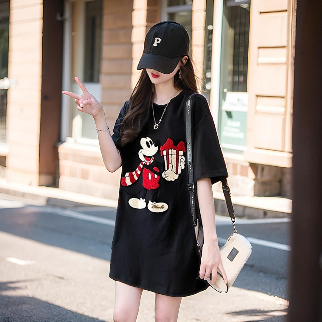 卡通印花中长款短袖t恤女夏装宽松潮牌学生减龄洋气遮臀半袖上衣