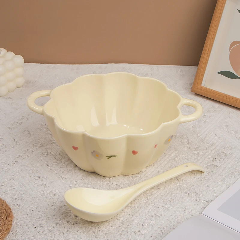 奶油风紫藤花可爱家用大南瓜汤碗勺釉下陶瓷沙拉碗双耳餐具套装