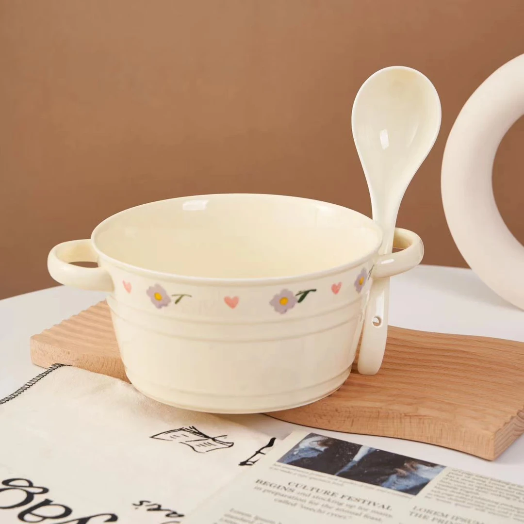 大汤碗奶油风双耳碗紫藤花大容量陶瓷餐具碗勺