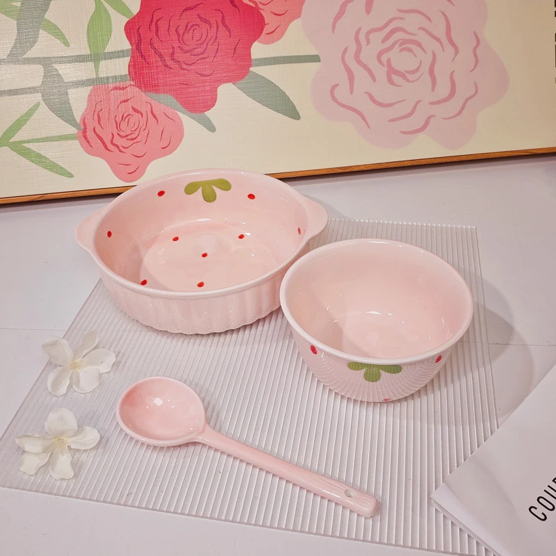 【3件套】粉嫩草莓条纹碗米饭碗长柄杓餐具套装