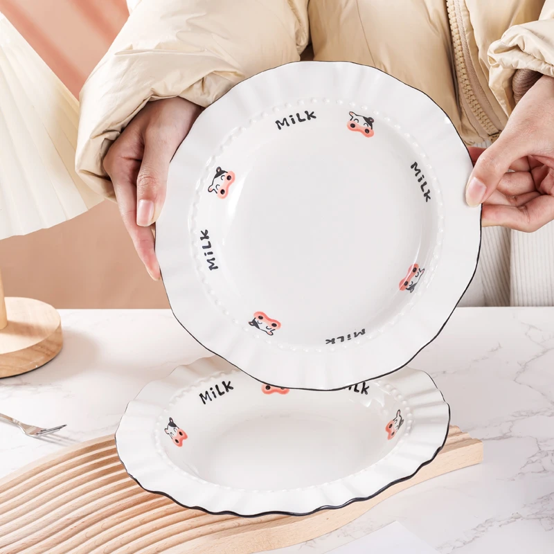 【省钱风餐具】奶牛可爱风草帽盘家用盘套装陶瓷餐具组合意面盘深盘