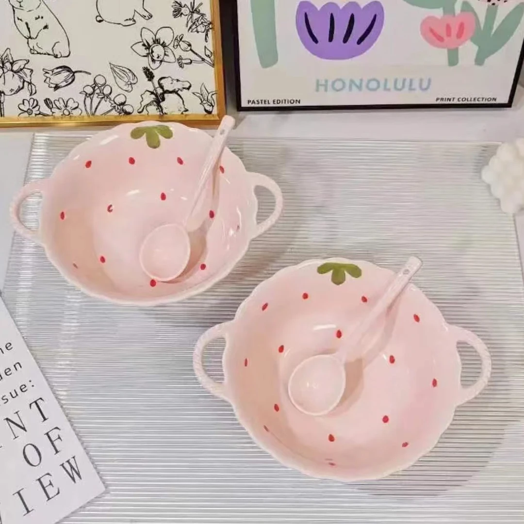 粉嫩草莓9.5英寸花瓣碗釉下彩沙拉碗餐具