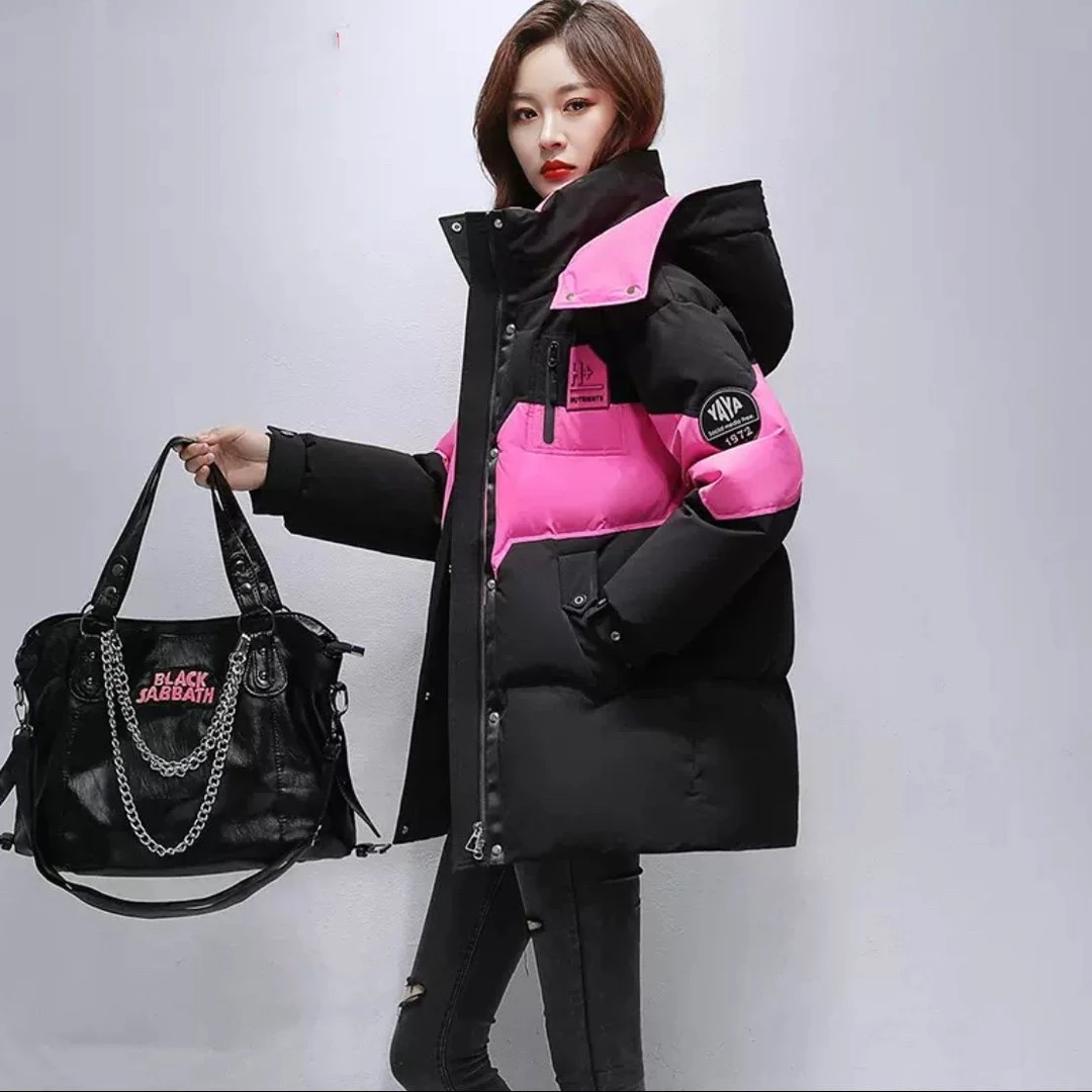 好客羽绒撞色服女款冬季2023年新款派克服中长款加厚冬装女