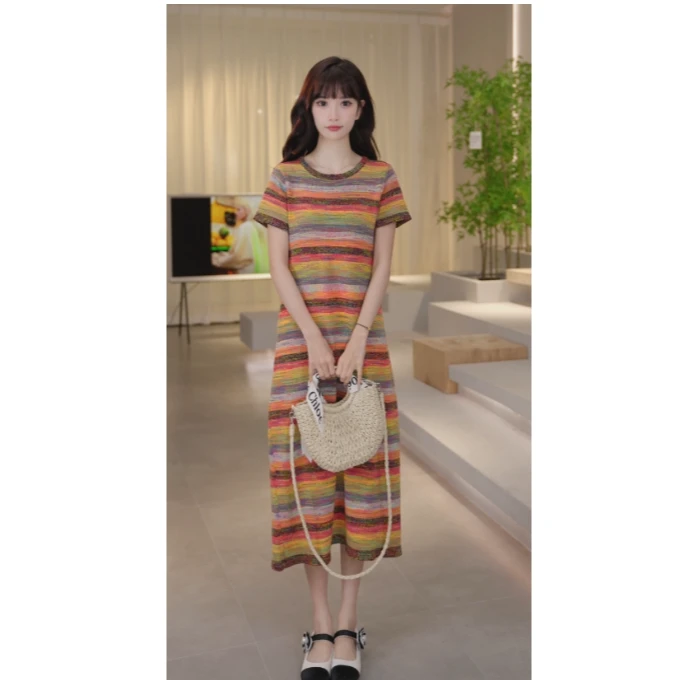 Basic House/百家好24夏季新气质时尚彩虹度假连衣裙B0823B58822