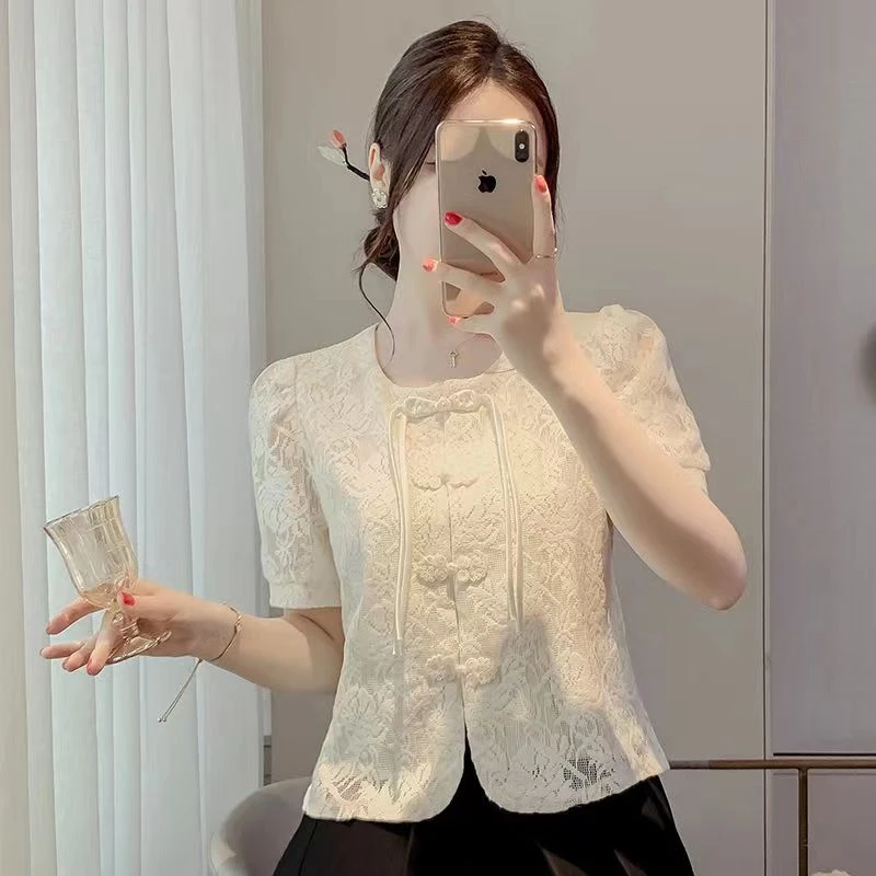 新中式国风短袖上衣女2024夏季新款蕾丝衬衫洋气设计感短款小个子