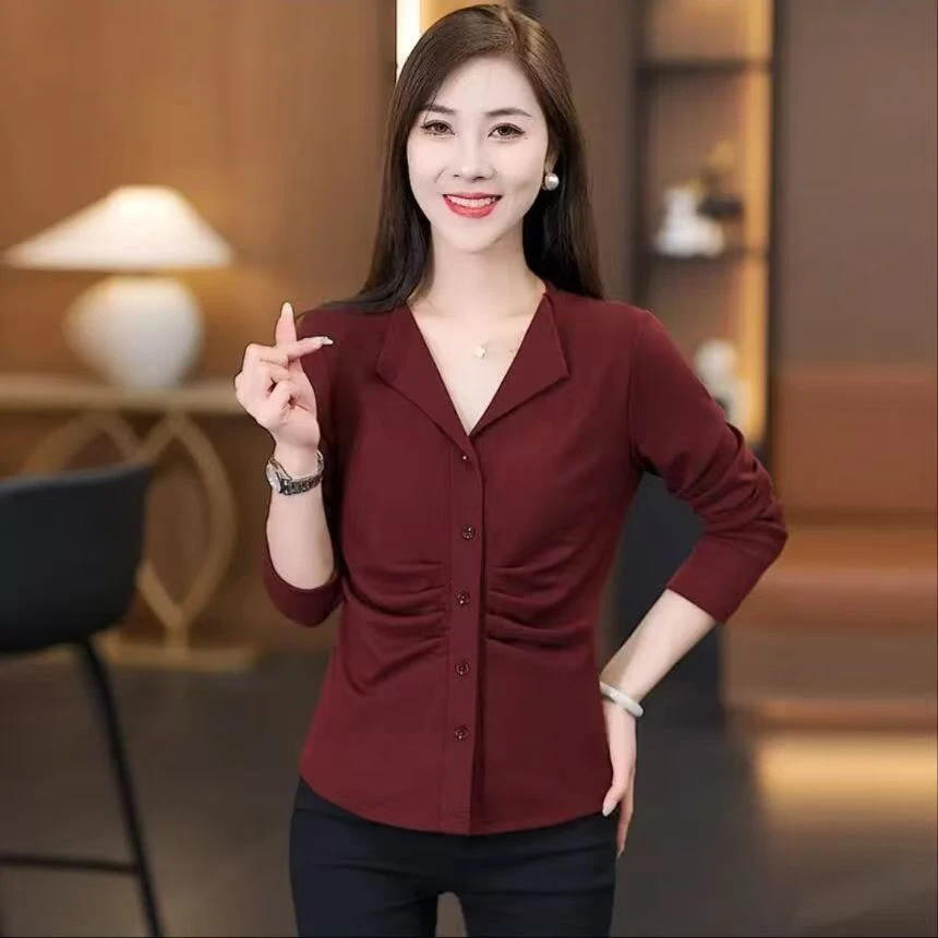 春秋季新款长袖上衣女纯色高级感弹力棉打底衫V领气质显瘦百搭T恤