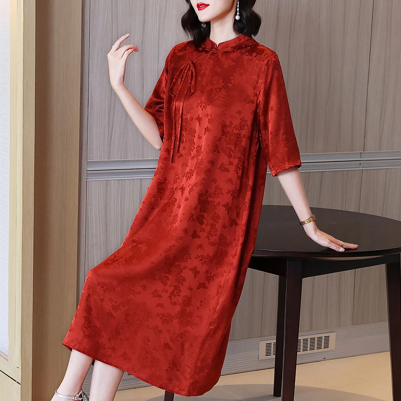 妈妈礼服夏装婚宴装新款夏季裙子真丝桑蚕丝红色旗袍连衣裙婚庆
