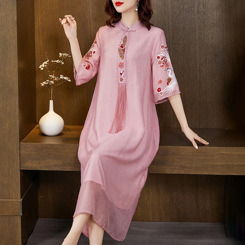 妈妈连衣裙女高级感民族风夏装新中式大码高端轻奢洋气改良裙子