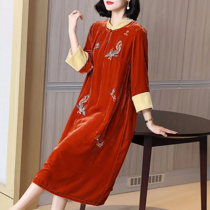 洛玺曼复古连衣裙秋季高贵女装2023新款高端妈妈奢华气质大码裙子