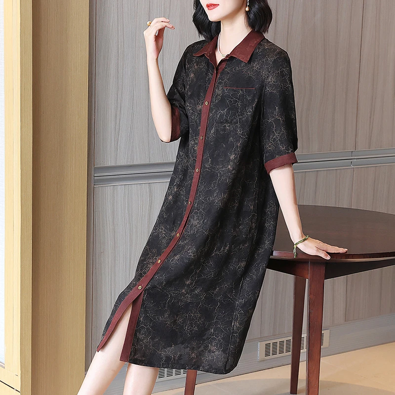 高端桑蚕丝连衣裙中年妈妈女装宽松优雅香云纱衬衫式气质裙子夏季