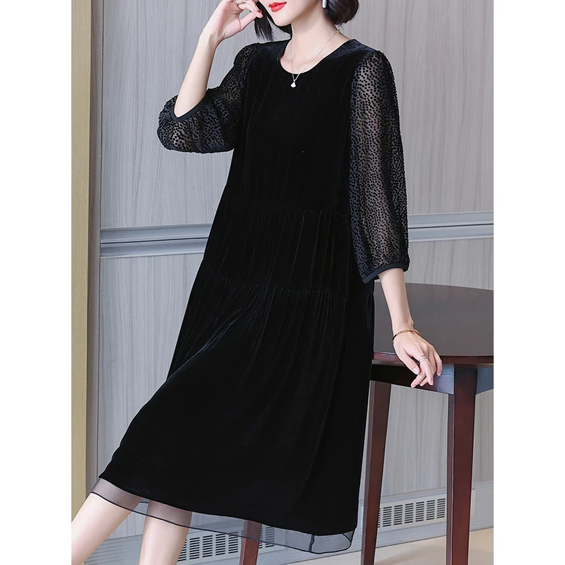 秋季连衣裙2023女新款高档品牌波点袖拼接桑蚕丝真丝绒a字裙妈妈