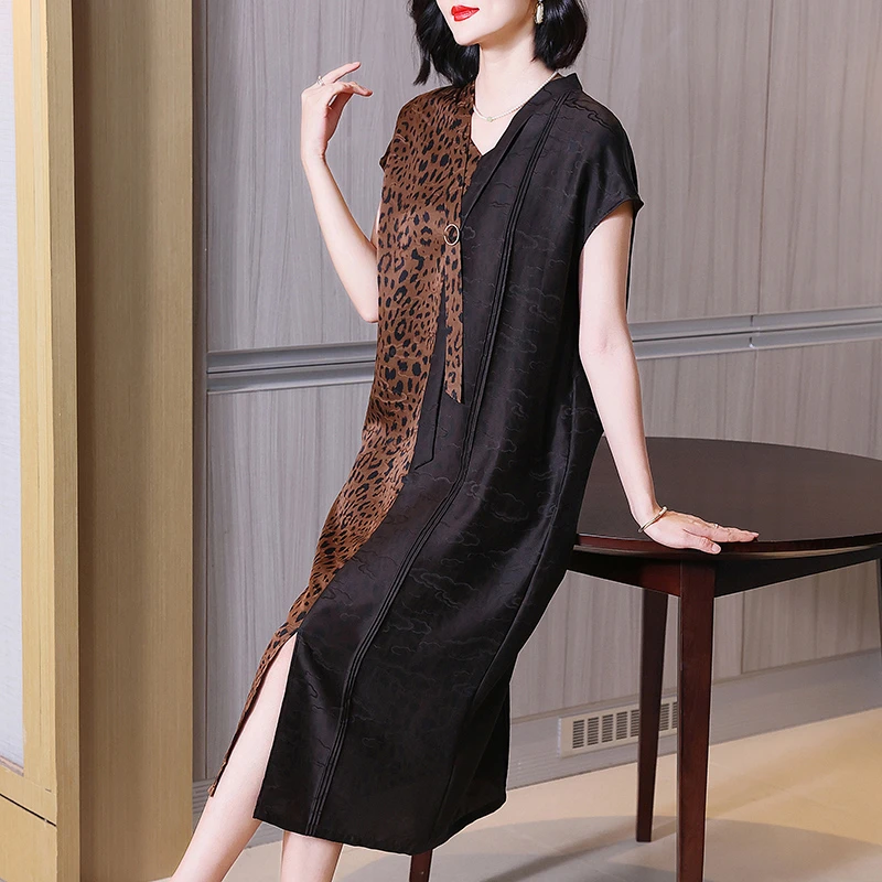 豹纹香云纱拼接连衣裙杭州品牌时尚女装大码高端轻奢真丝短袖裙子