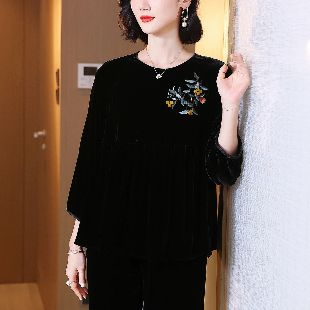 【事事如意】女味衣服气质高端上衣2024新款秋精致时尚真丝绒小衫