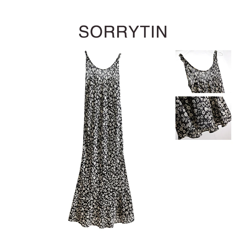 《小姑娘》思家高品质 赫本度假风 黑白碎花长款吊带弹力真丝连衣裙