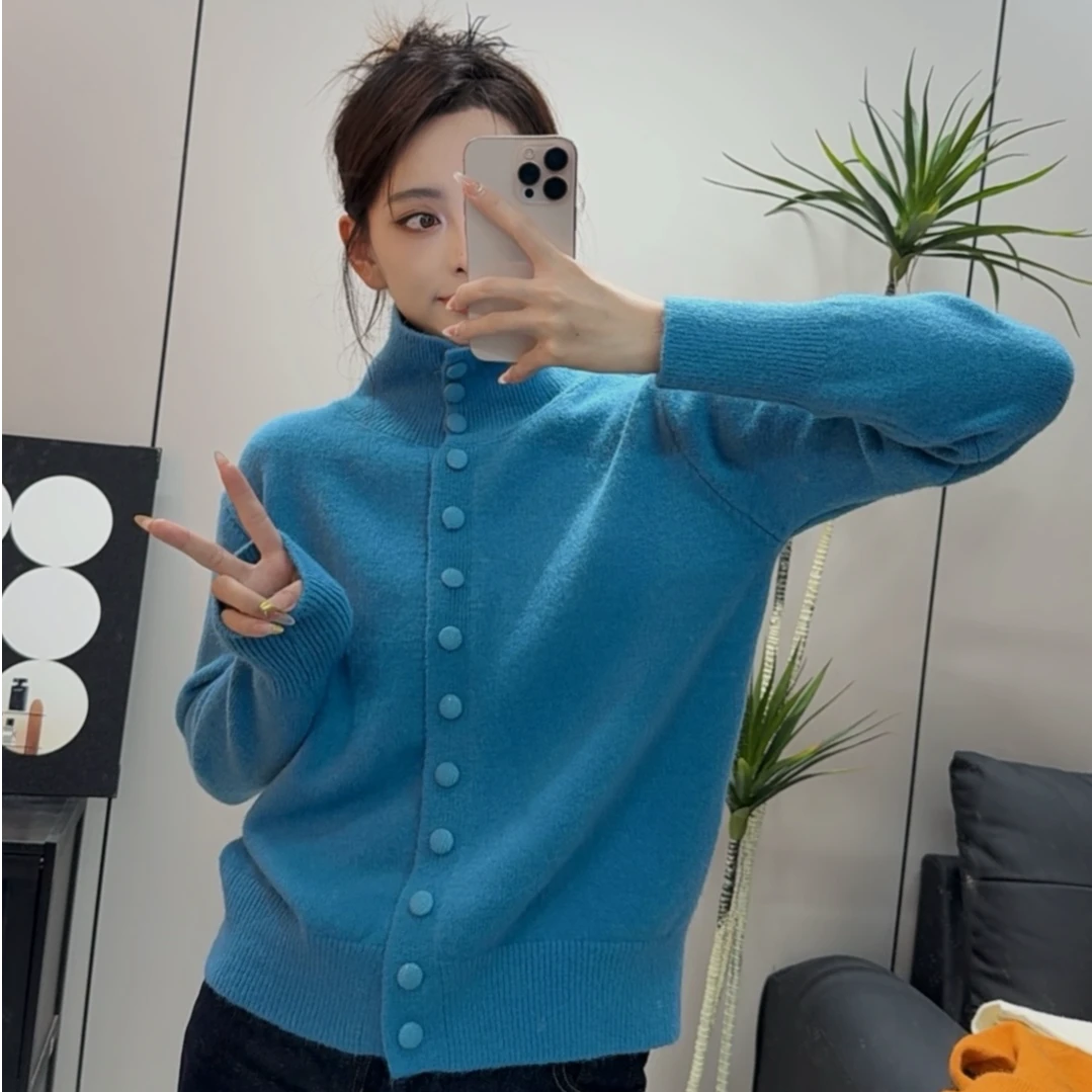 高领针织开衫女2025秋冬季新款复古韩系慵懒风高级感加厚毛衣外套