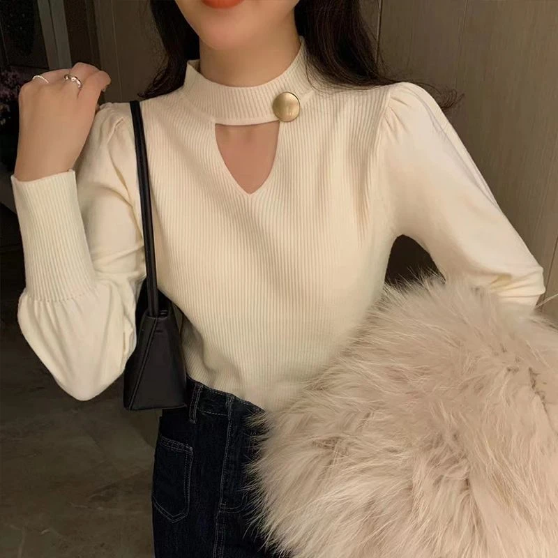 半高领镂空百搭针织衫毛衣女新款设计感打底衫秋冬内搭显瘦上衣