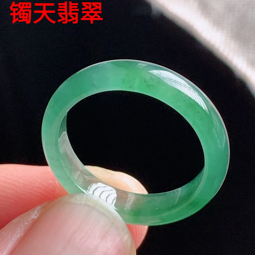 天然A货翡翠 冰种17号冰阳绿宽边男女戒指指环素圈戒圈尾戒A38