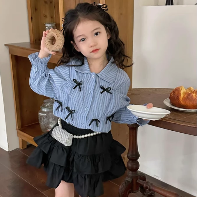 女童春秋学院风两件套儿童条纹衬衣甜美百褶裙公主裙洋气百搭款