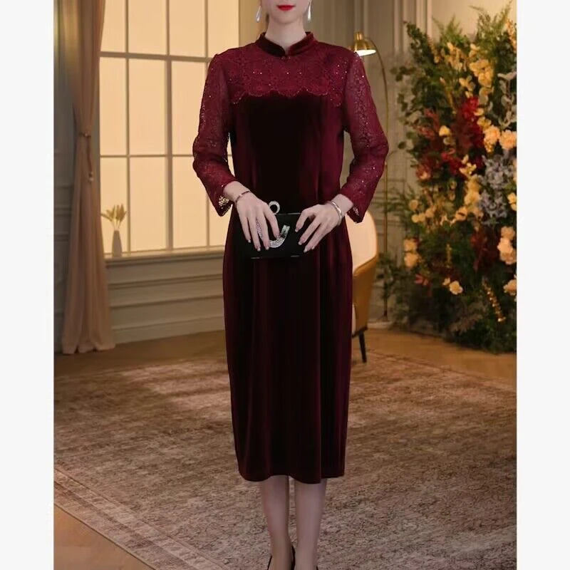 【香妮芬宠粉浮力】83009丝绒蕾丝妈妈中式连衣裙女2024新款修身