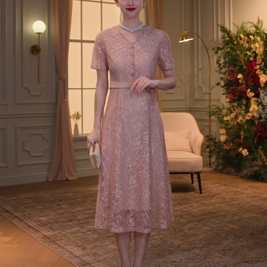 【香妮芬】83125短袖香槟粉蕾丝连衣裙新中式气质妈妈装