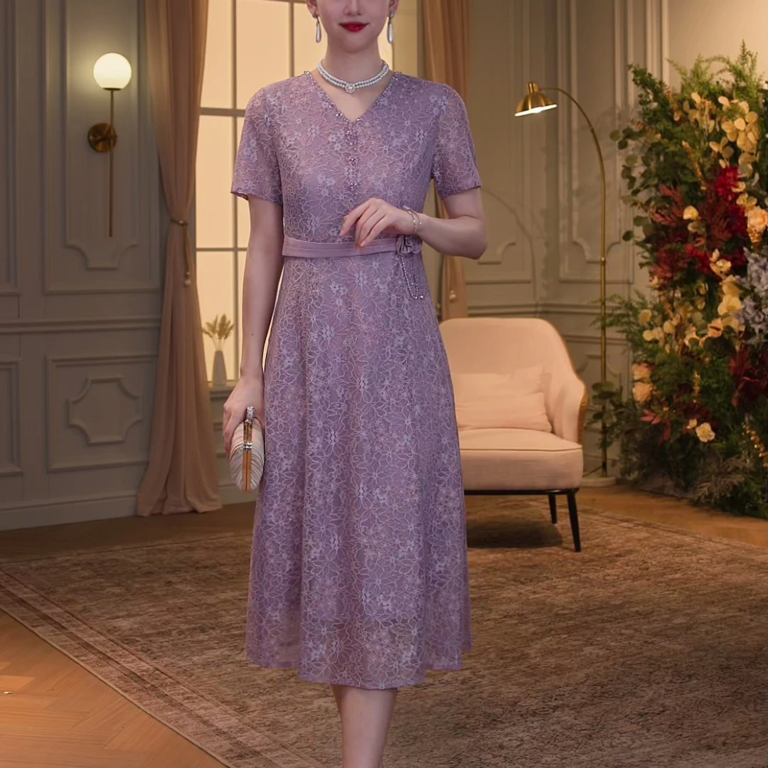 【香妮芬】83125夏季新品短袖蕾丝装连衣裙新中式妈妈装