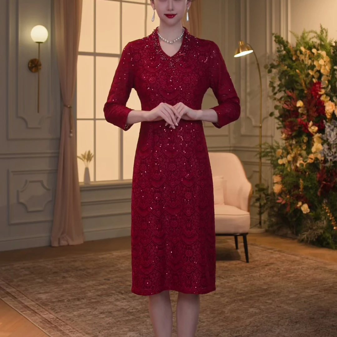 【香妮芬福利】83196中长袖显瘦蕾丝连衣裙妈妈装喜婆婆秋冬连衣裙