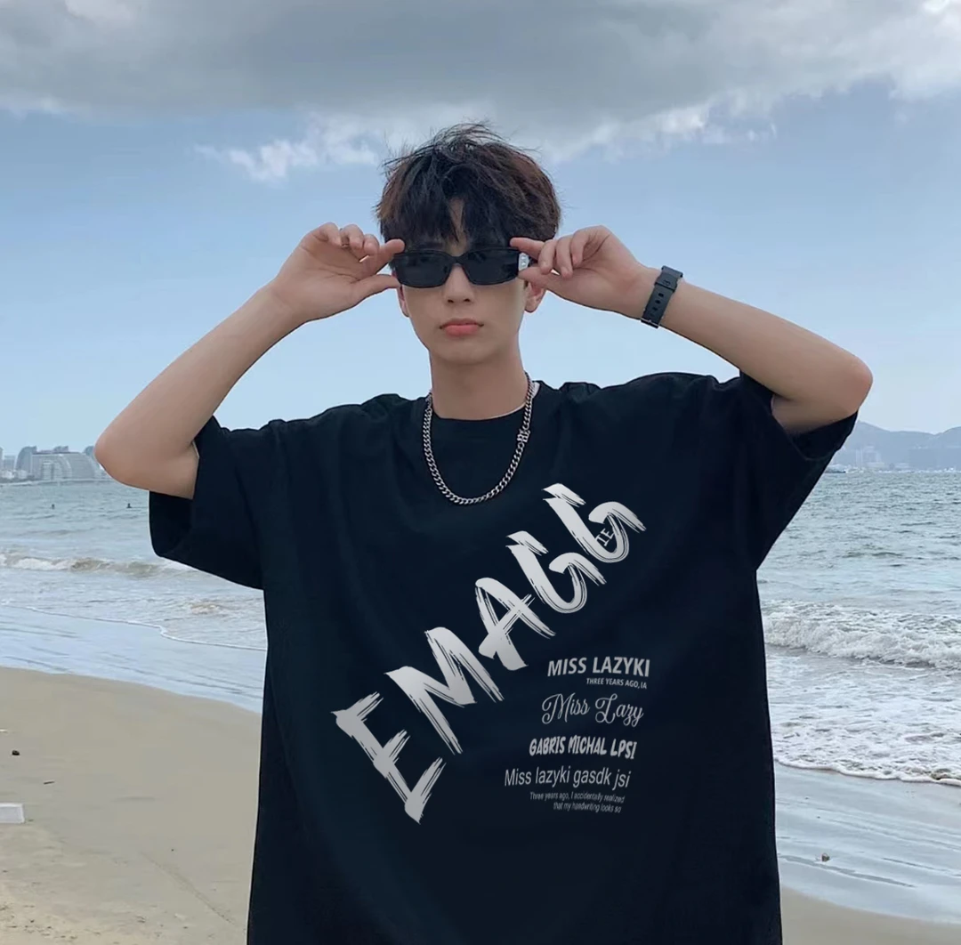 ATZA港风chic别致纯棉t恤男国潮复古字母印花半袖夏新款短袖宽松