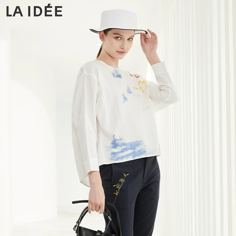 罗兰伊杜/LAIDEET恤水墨印花图案原创文艺典雅圆领上衣气质女秋