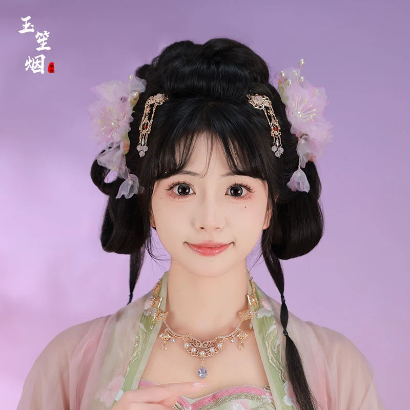 玉笙烟【芊茉】汉服发饰粉色桃花绢纱烫花对夹古风头饰宋制配饰侧边