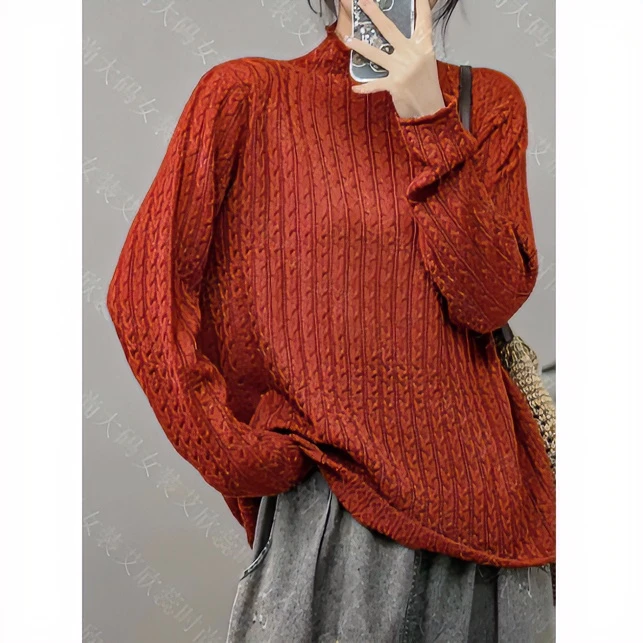 AIXINRUI  9158  胖mm大码绵羊毛中高领竖条纹时尚显瘦休闲套头衫